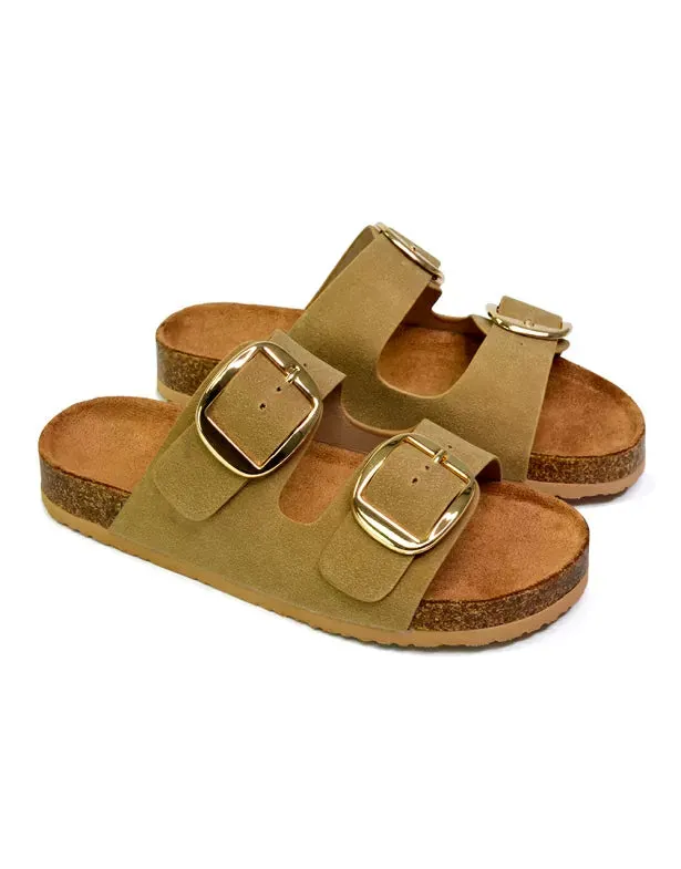 Dolly Slip On Sliders Statement Double Buckle Up Flat Sandals in Taupe