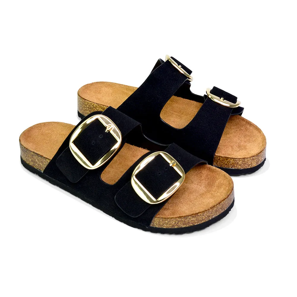 Dolly Slip On Sliders Statement Double Buckle Up Flat Sandals in Taupe