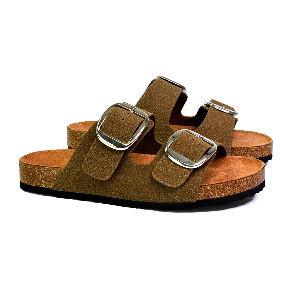 Dolly Slip On Sliders Statement Double Buckle Up Flat Sandals in Taupe