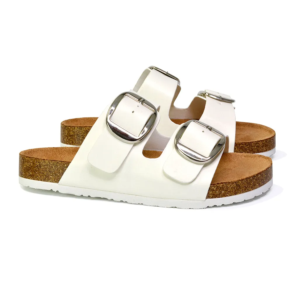 Dolly Slip On Sliders Statement Double Buckle Up Flat Sandals in Taupe