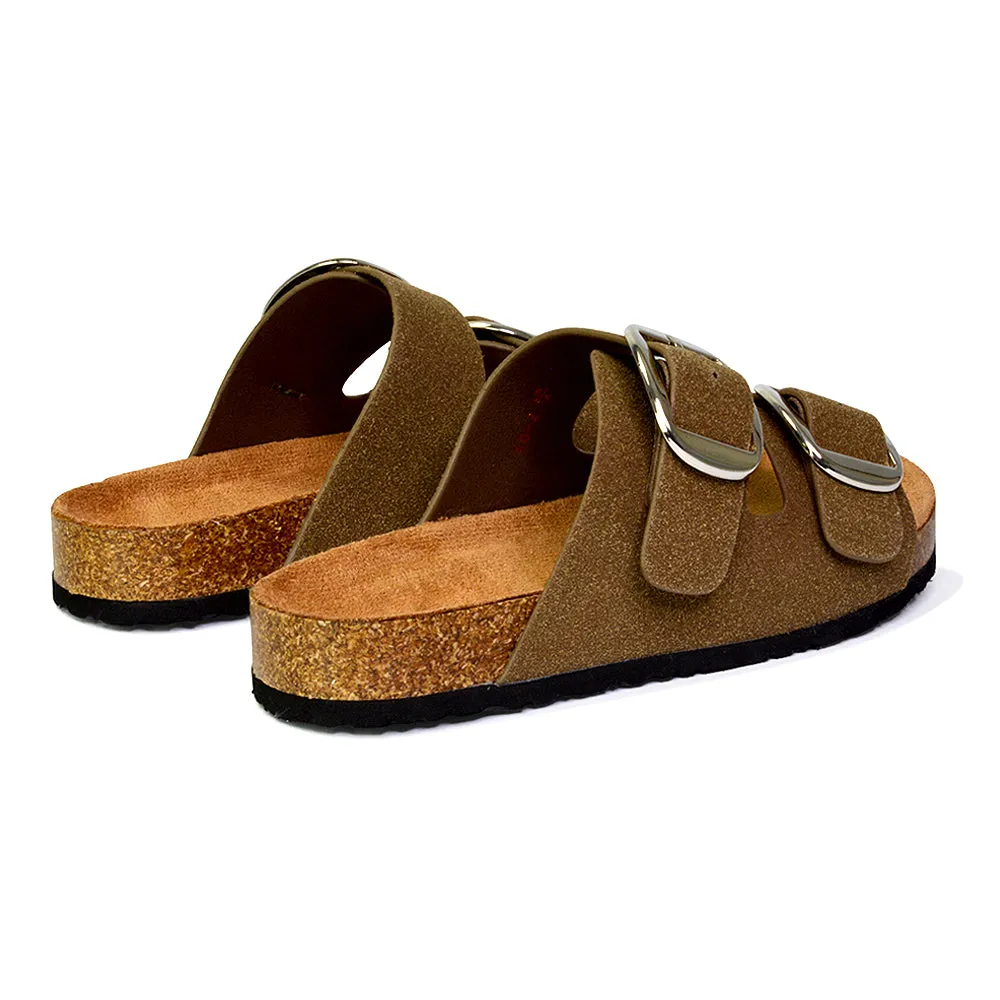 Dolly Slip On Sliders Statement Double Buckle Up Flat Sandals in Taupe