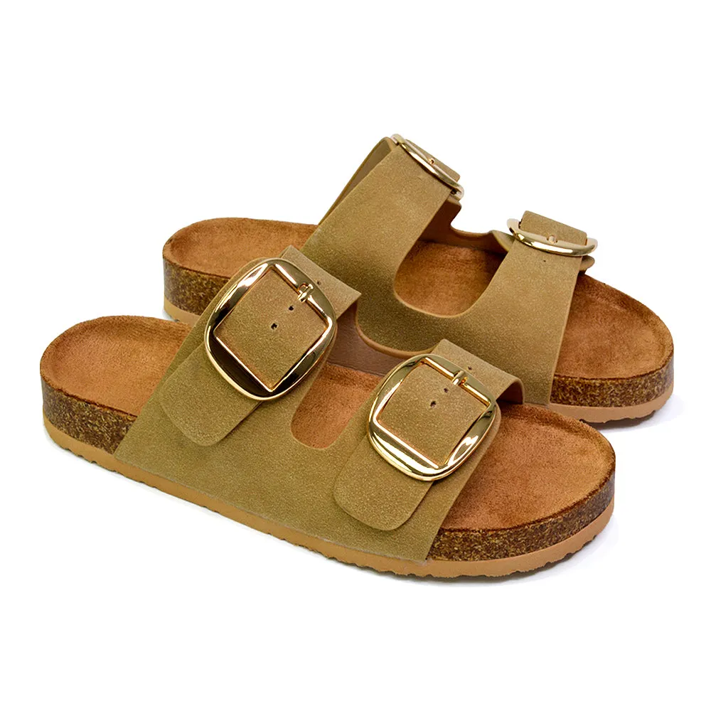 Dolly Slip On Sliders Statement Double Buckle Up Flat Sandals in Taupe