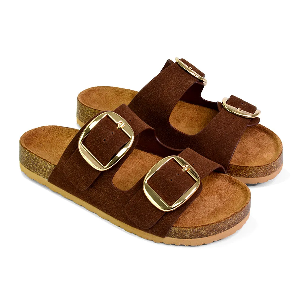 Dolly Slip On Sliders Statement Double Buckle Up Flat Sandals in Taupe