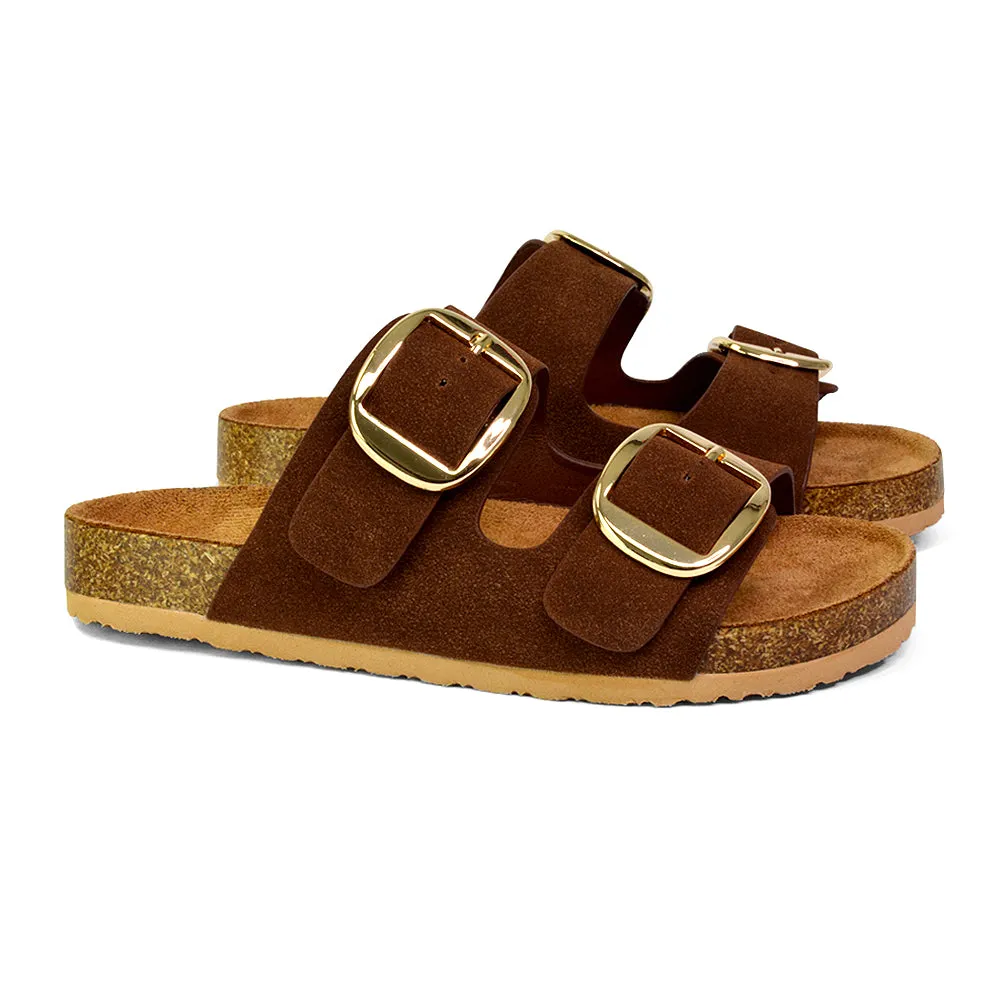 Dolly Slip On Sliders Statement Double Buckle Up Flat Sandals in Taupe