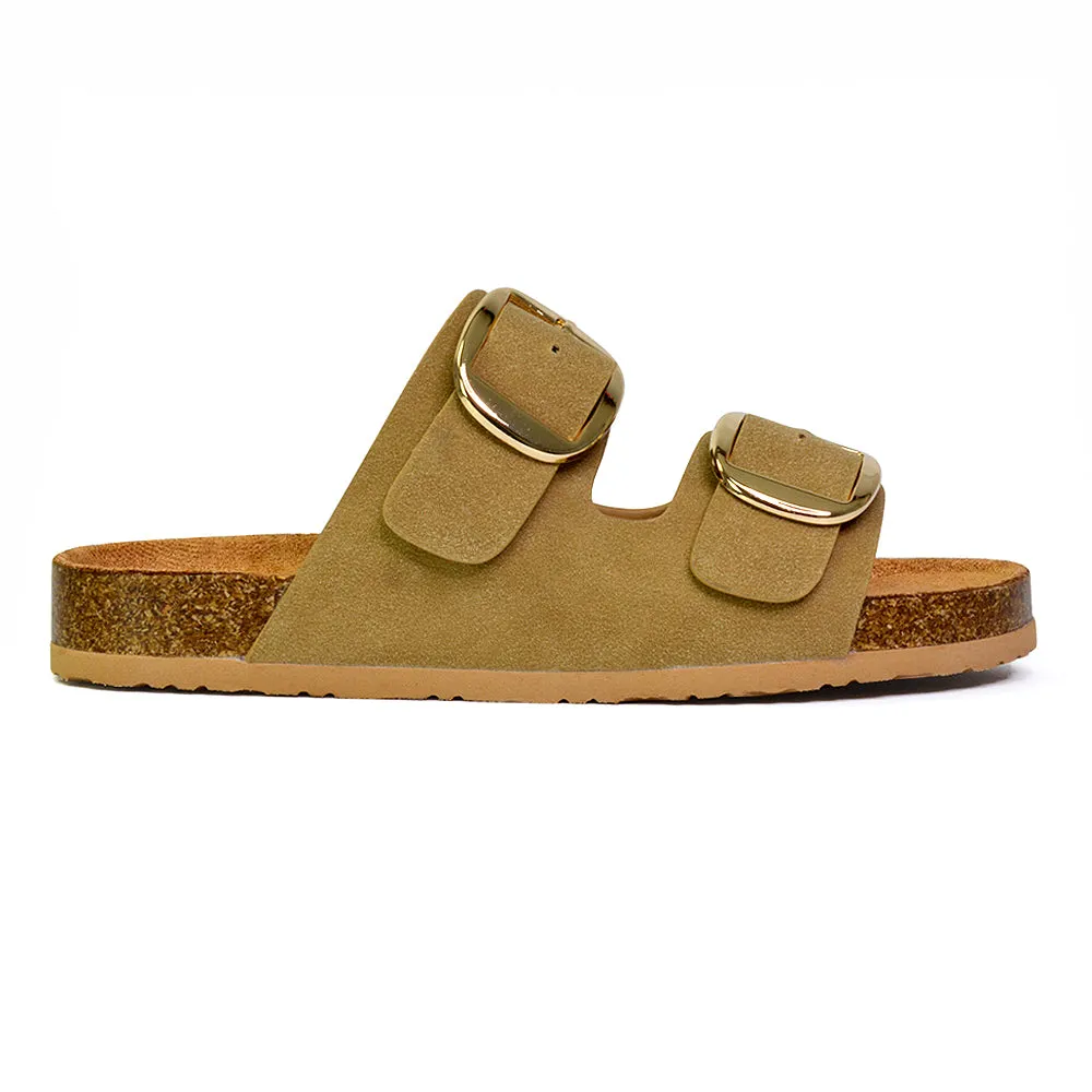 Dolly Slip On Sliders Statement Double Buckle Up Flat Sandals in Taupe