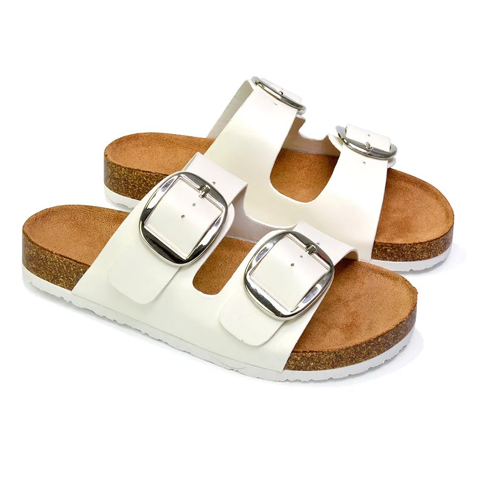 Dolly Slip On Sliders Statement Double Buckle Up Flat Sandals in Taupe