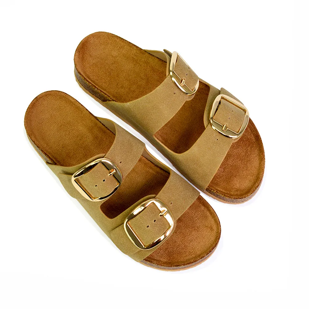 Dolly Slip On Sliders Statement Double Buckle Up Flat Sandals in Taupe