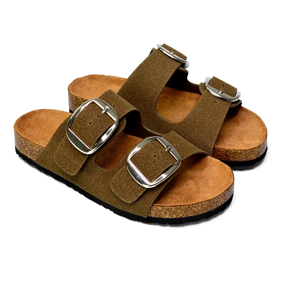 Dolly Slip On Sliders Statement Double Buckle Up Flat Sandals in Taupe