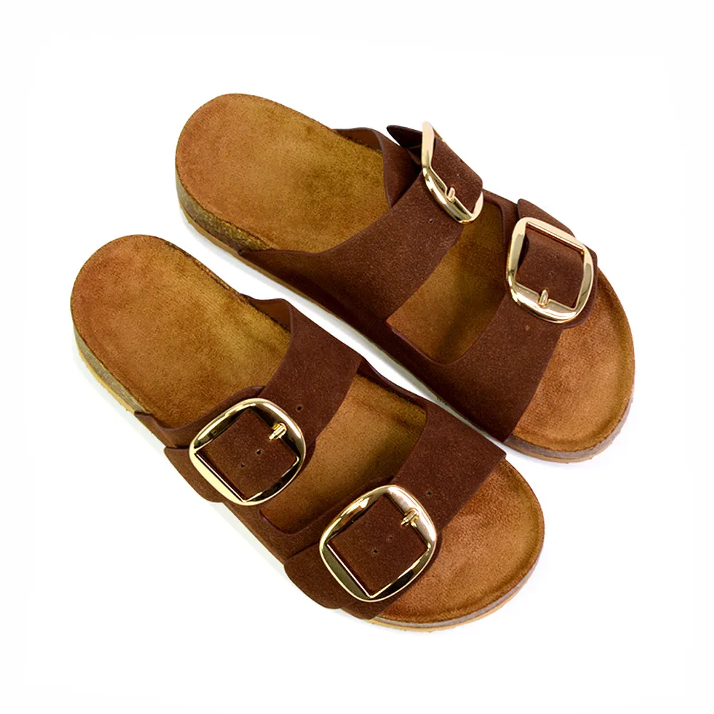 Dolly Slip On Sliders Statement Double Buckle Up Flat Sandals in Taupe