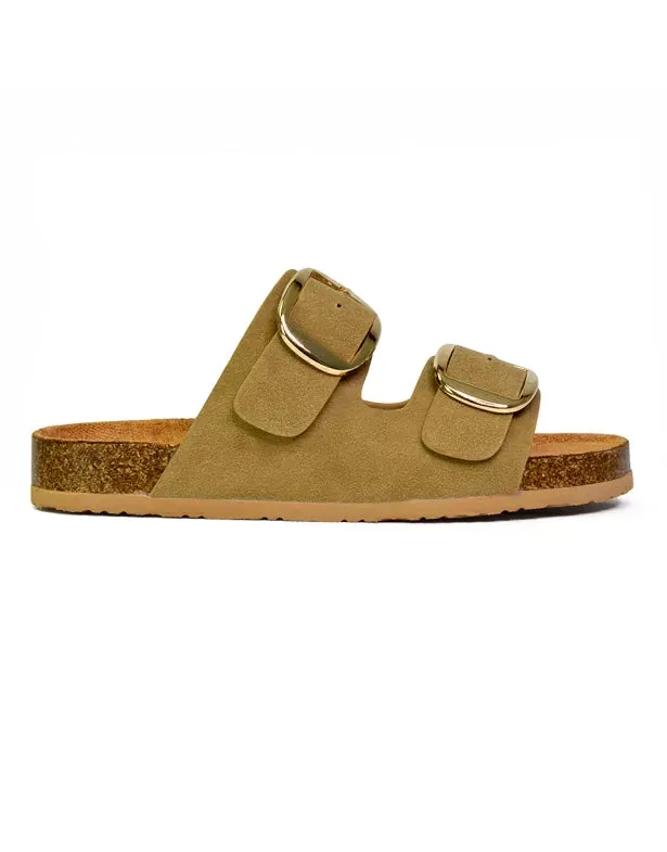 Dolly Slip On Sliders Statement Double Buckle Up Flat Sandals in Taupe