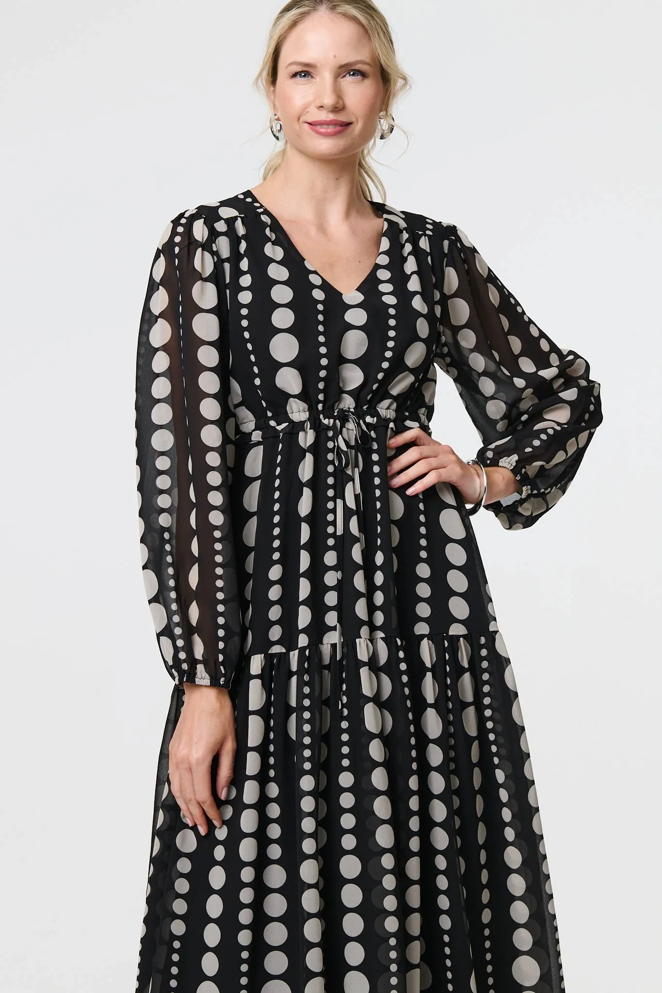 Dotty Print Long Puff Sleeve Midi Dress