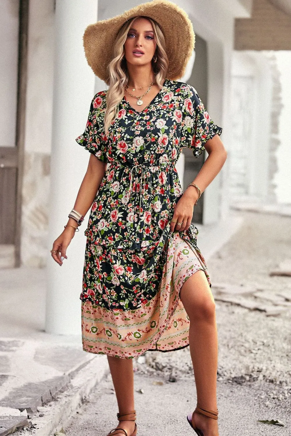 Drawstring V-Neck Short Sleeve Midi Dress