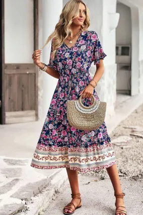 Drawstring V-Neck Short Sleeve Midi Dress