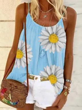 Dunnmall Vintage Sleeveless Boho Daisy Floral Printed Crew Neck Plus Size Casual Vest Tops