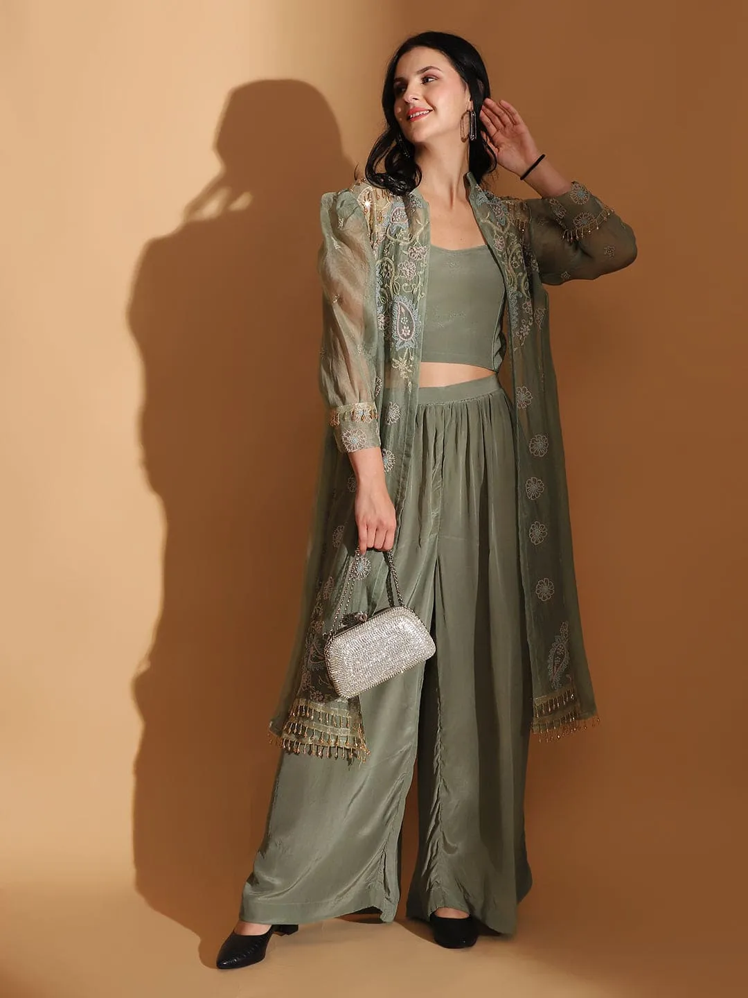 Dusty Green Embroidered Co-ord set with Long Shrug