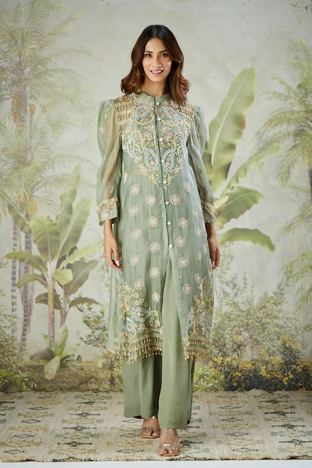 Dusty Green Embroidered Co-ord set with Long Shrug