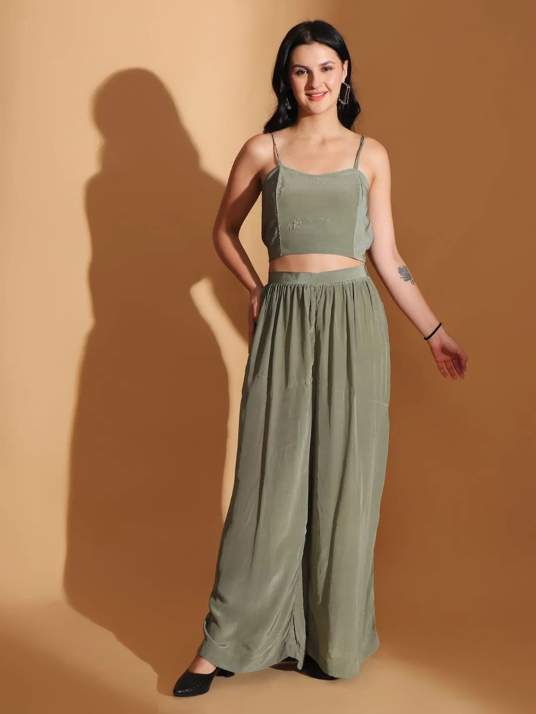 Dusty Green Embroidered Co-ord set with Long Shrug