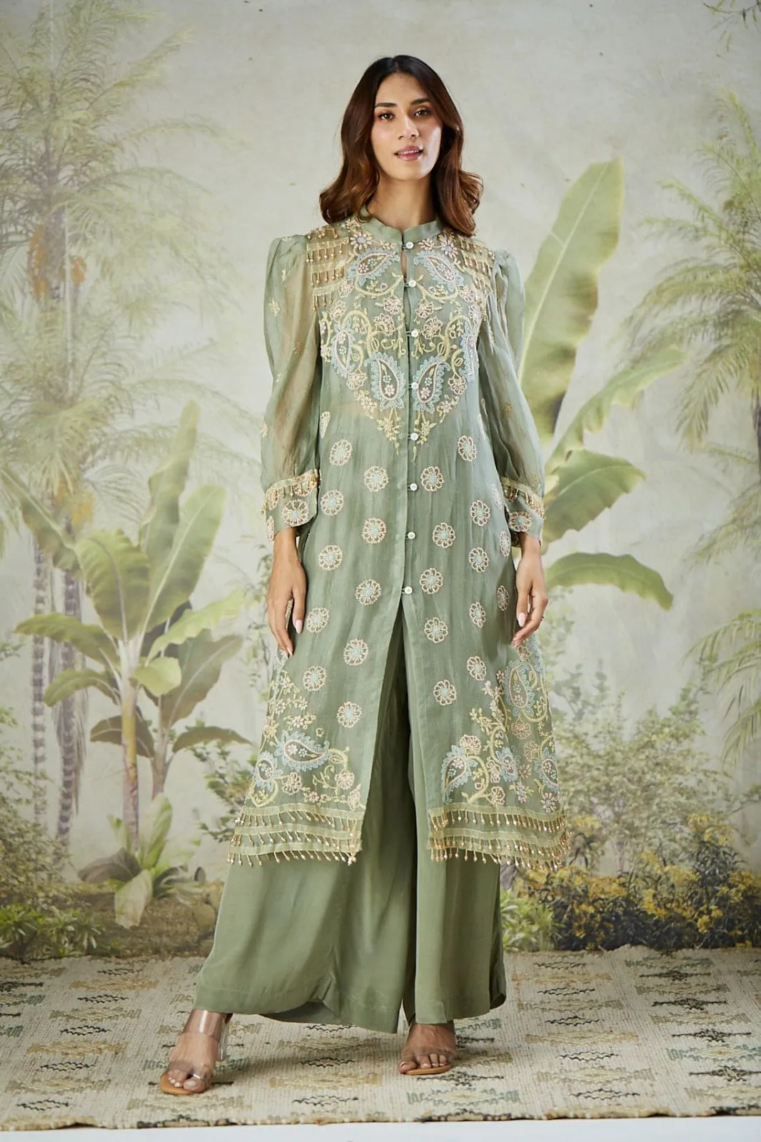 Dusty Green Embroidered Co-ord set with Long Shrug