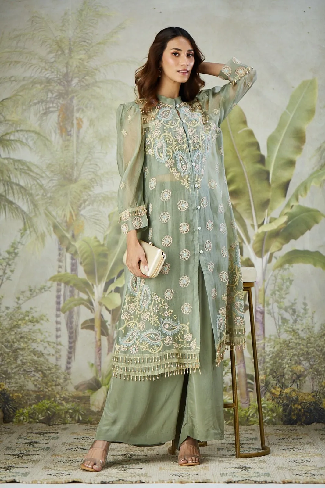 Dusty Green Embroidered Co-ord set with Long Shrug