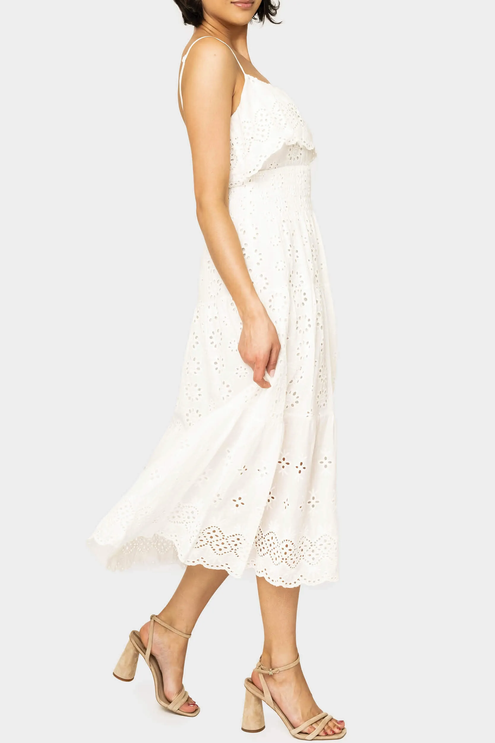 Elan Strappy Eyelet Tiered Midi Dress