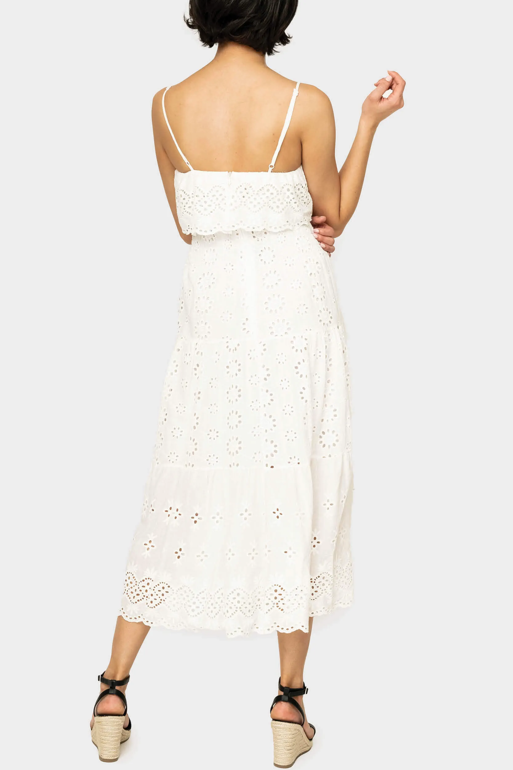 Elan Strappy Eyelet Tiered Midi Dress