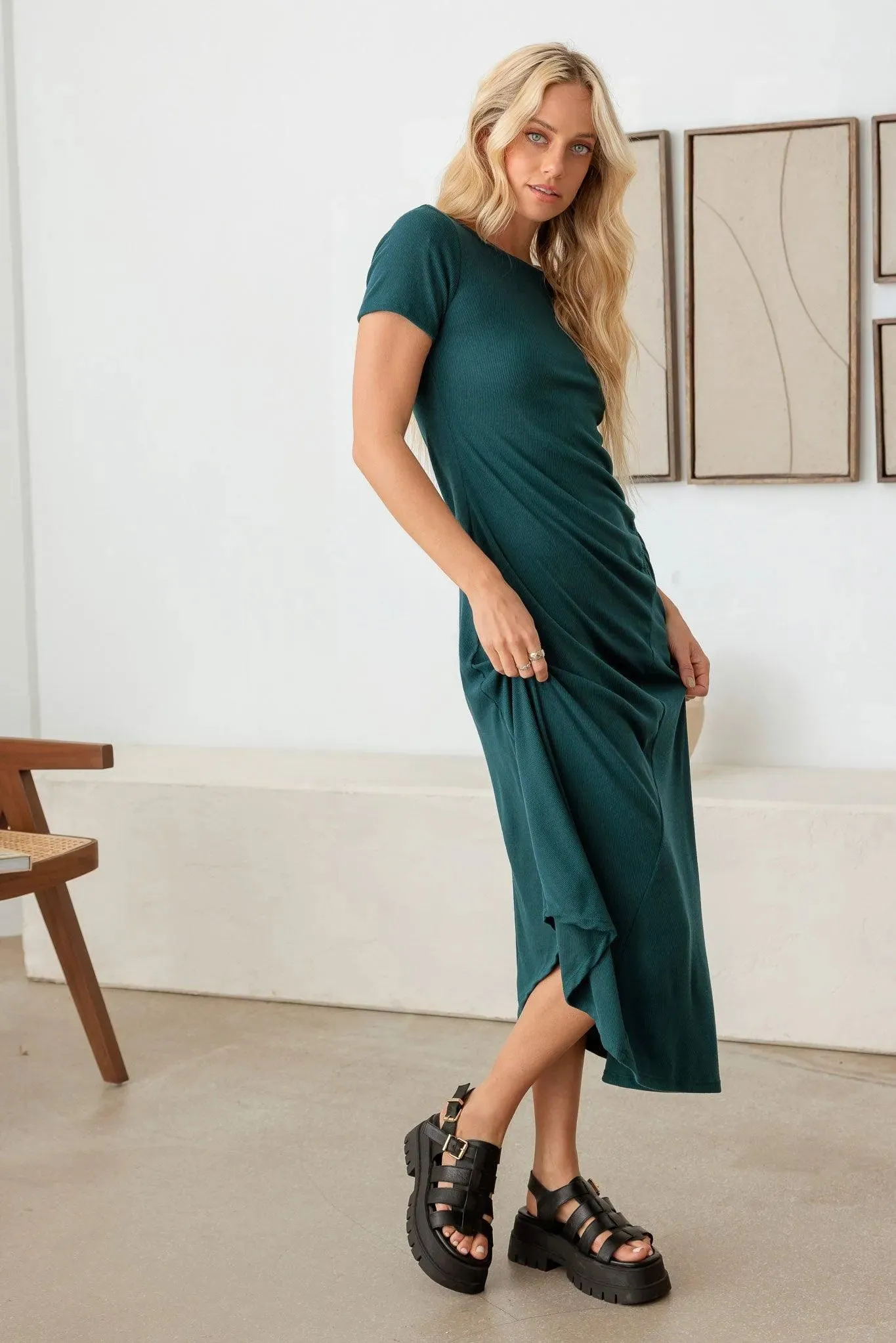 Elastic Ruching Asymmetrical Bottom Maxi Dress