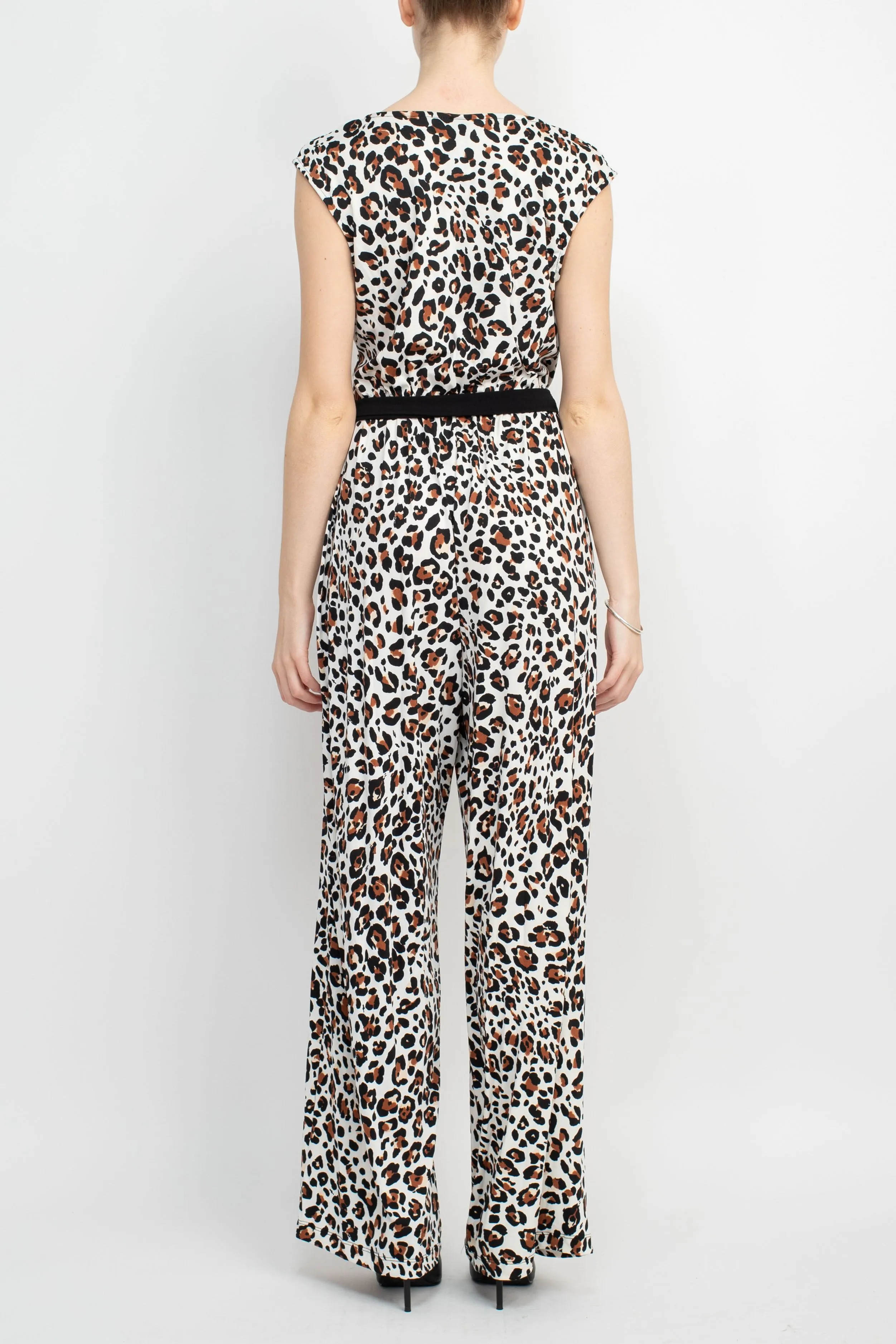 Emma & Michele V-Neck Elastic Waist Sleeveless Tie Waist Animal Print ITY Jumpsuit by Curated Brands