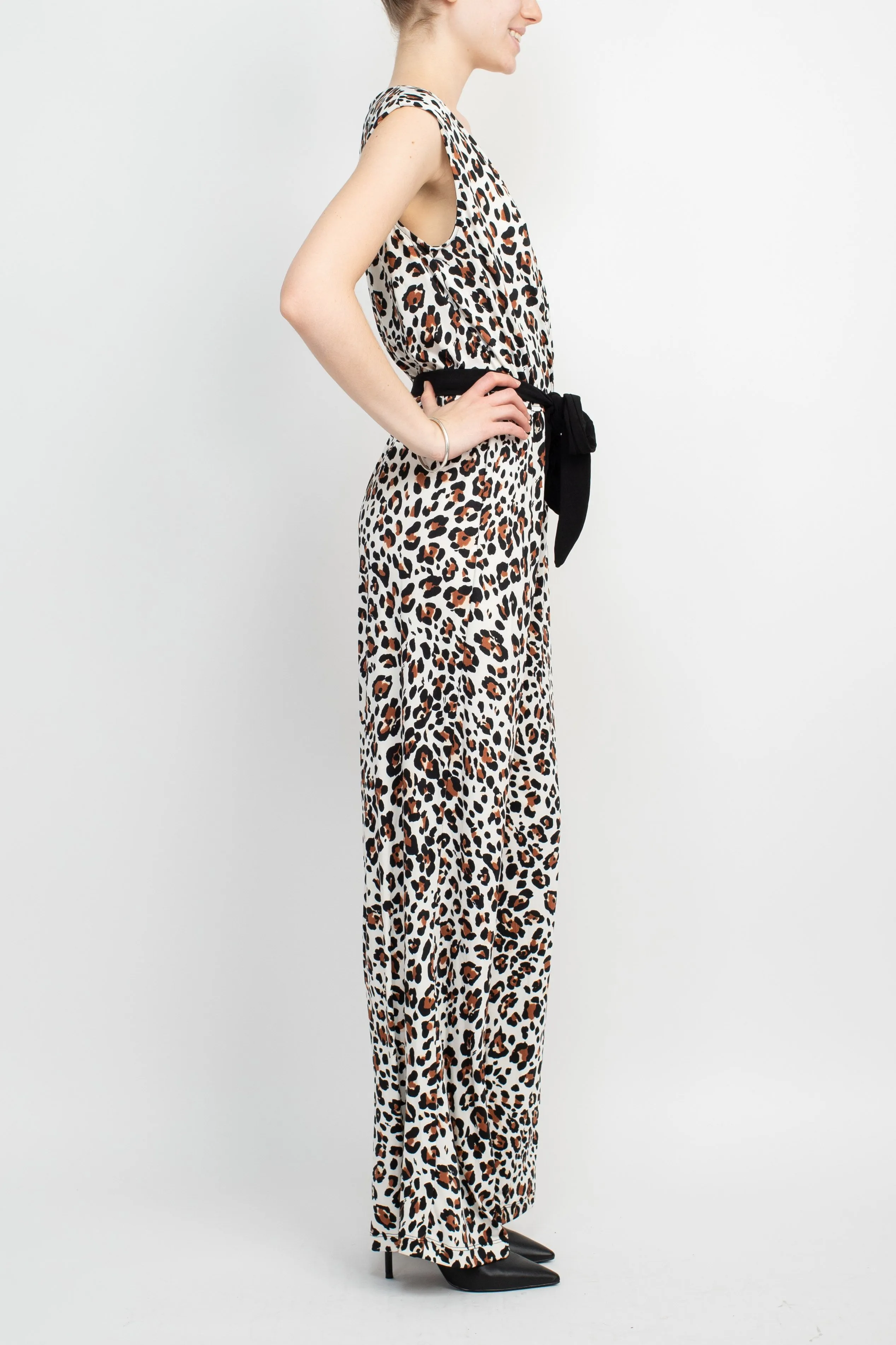 Emma & Michele V-Neck Elastic Waist Sleeveless Tie Waist Animal Print ITY Jumpsuit by Curated Brands