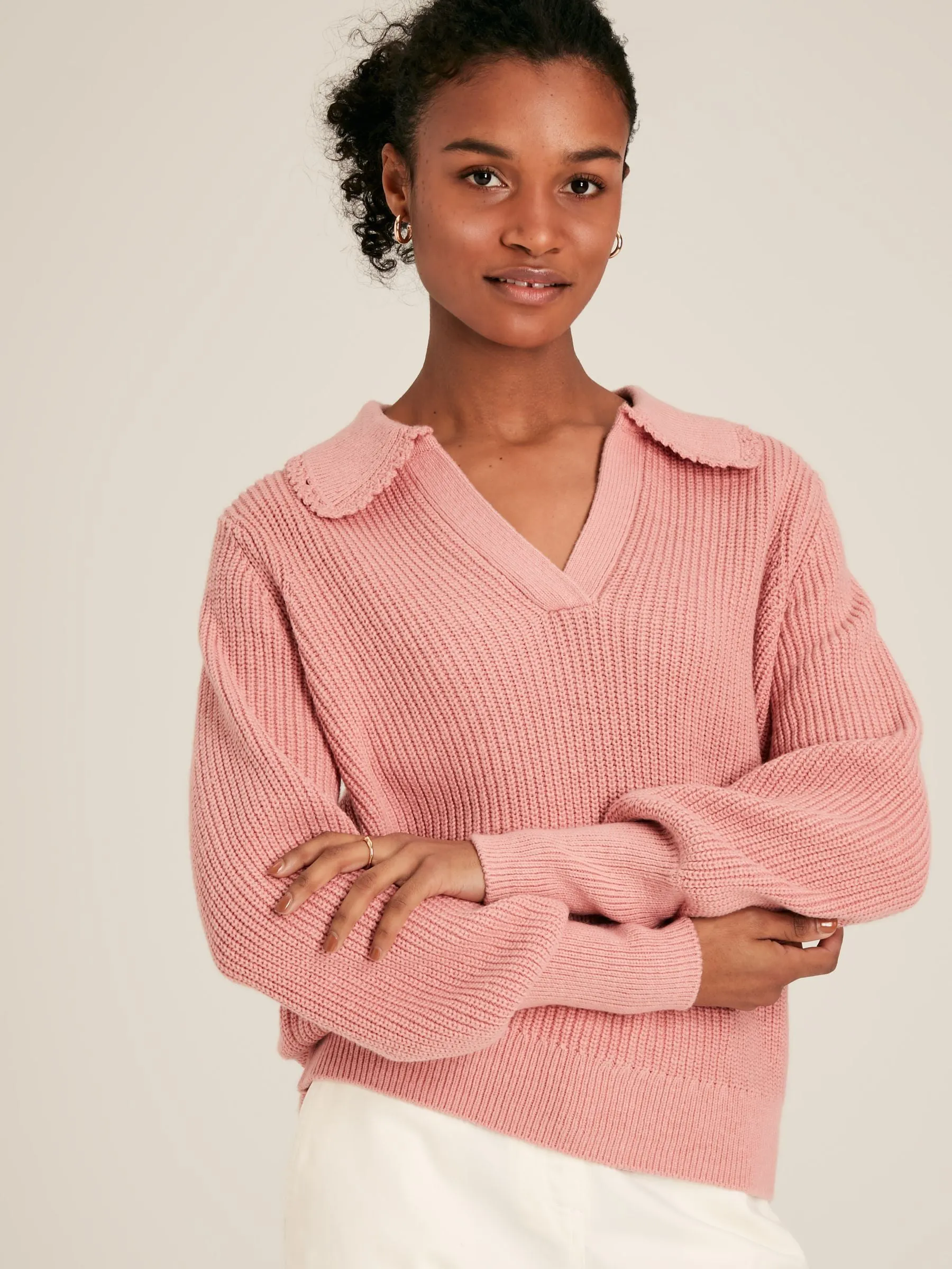 Evangeline Pink Ribbed Jumper with Crochet Collar