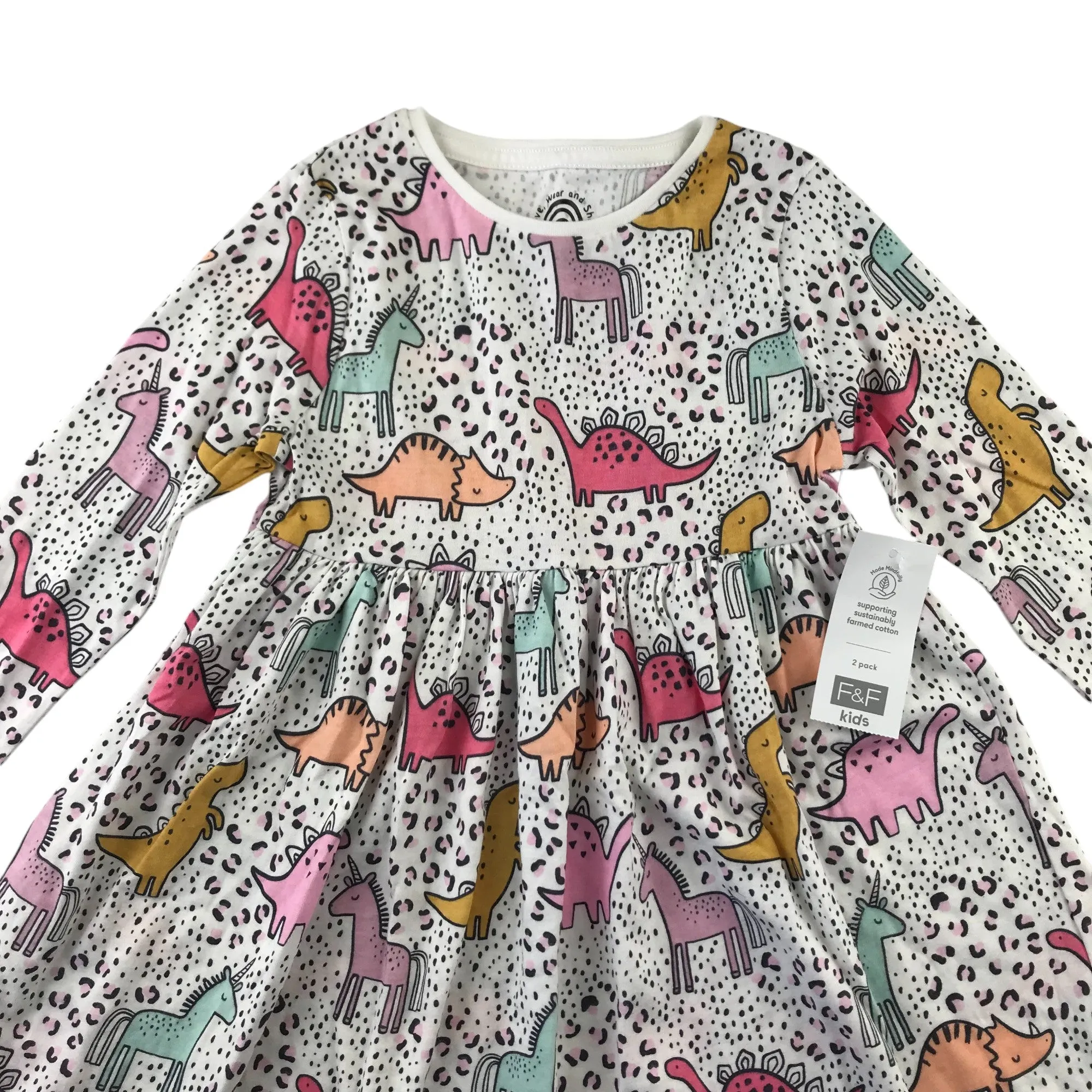 F&F dress 6-7 years white and multicolour dinosaur print t-shirt dress cotton