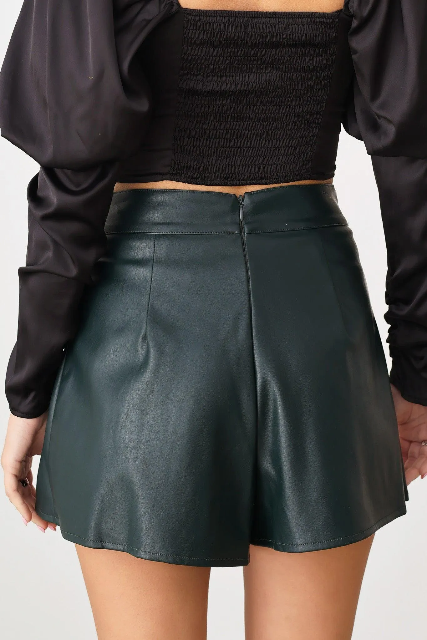 Faux Leather Front Chain Embellished Belt Pleated Skort