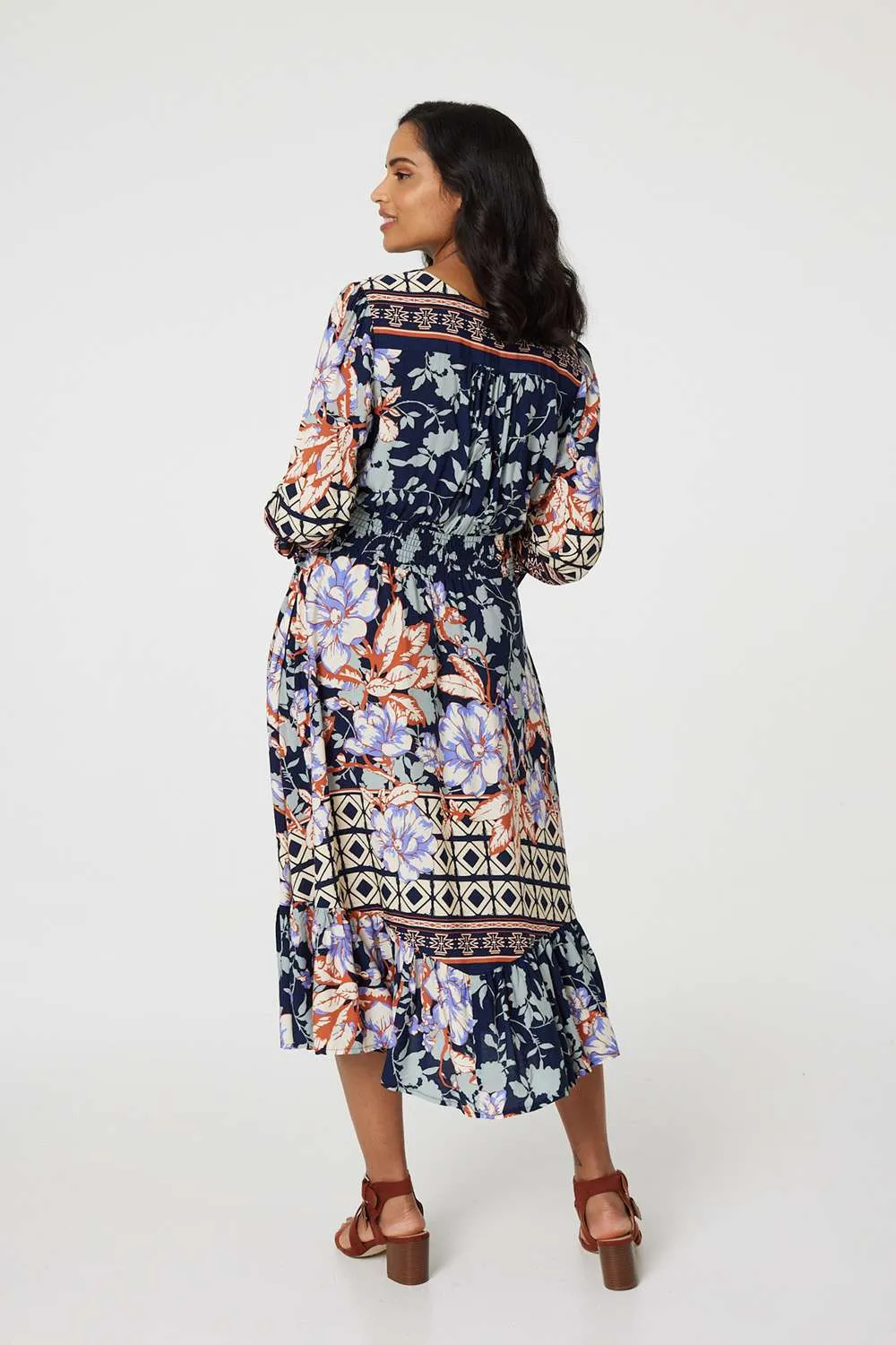 Floral Border Print V-Neck Midi Dress