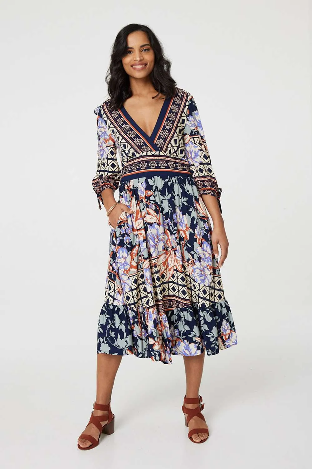 Floral Border Print V-Neck Midi Dress