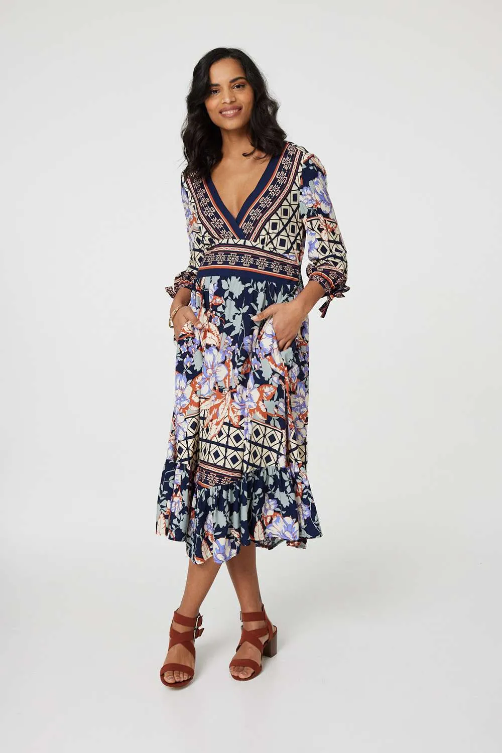 Floral Border Print V-Neck Midi Dress