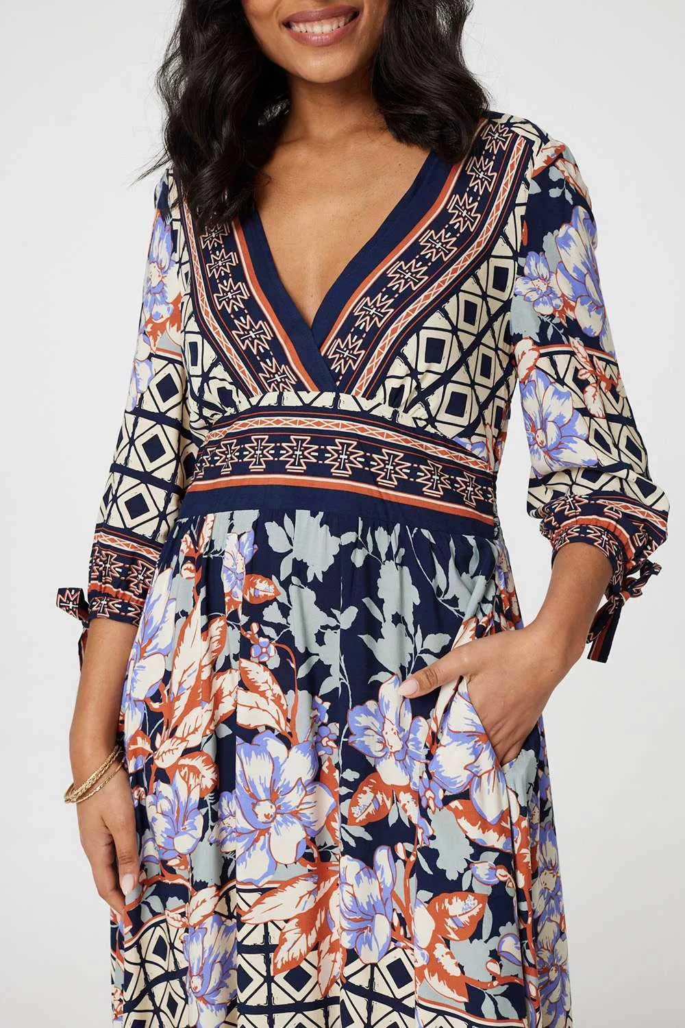 Floral Border Print V-Neck Midi Dress