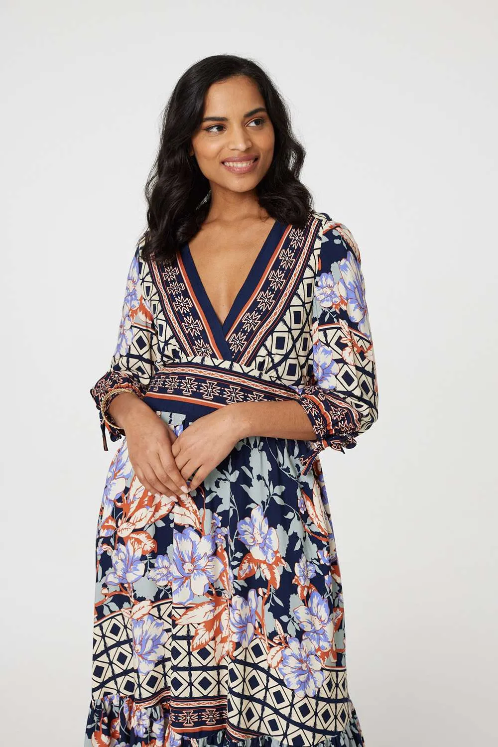 Floral Border Print V-Neck Midi Dress