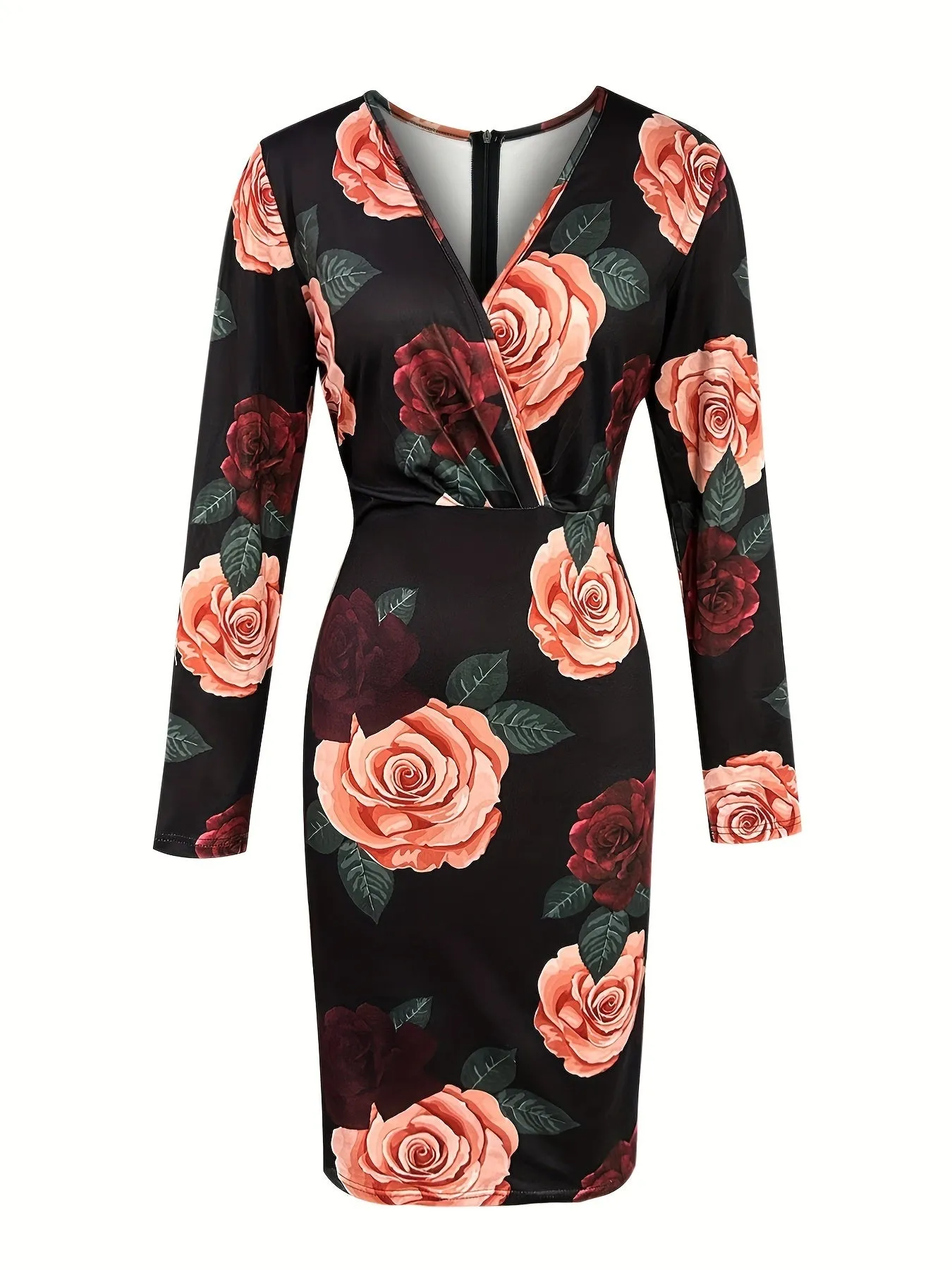 Floral Print Surplice Neck Dress, Sexy Long Sleeve Bodycon Dress, Women's Clothing