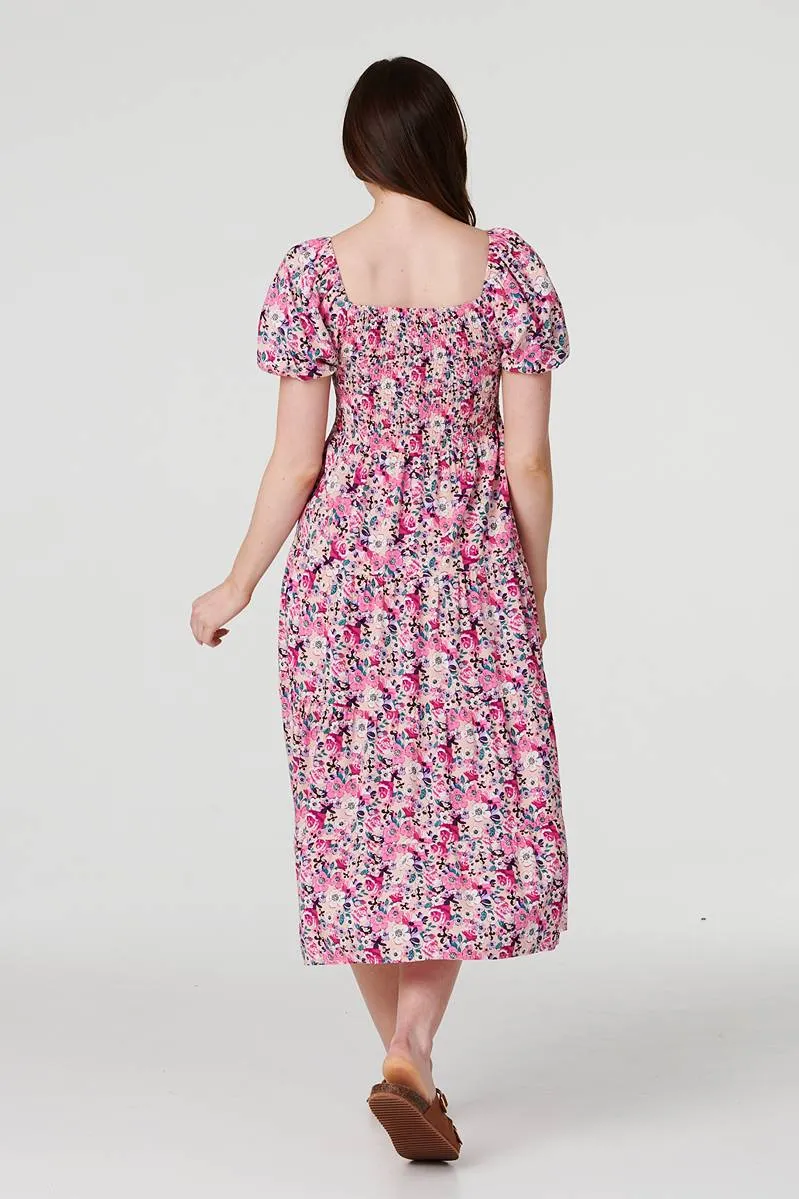 Floral Puff Sleeve Smock Midi Dress