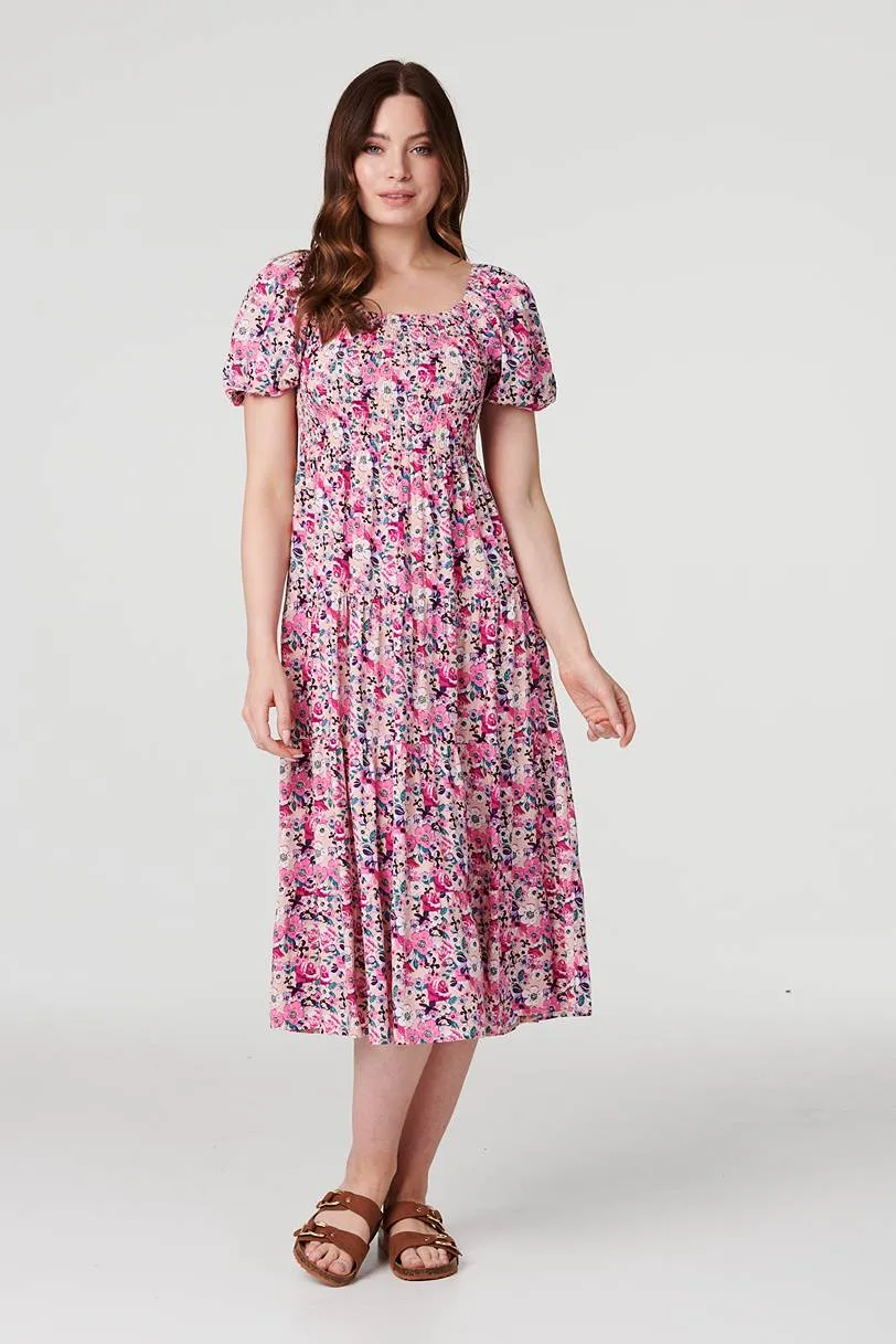 Floral Puff Sleeve Smock Midi Dress