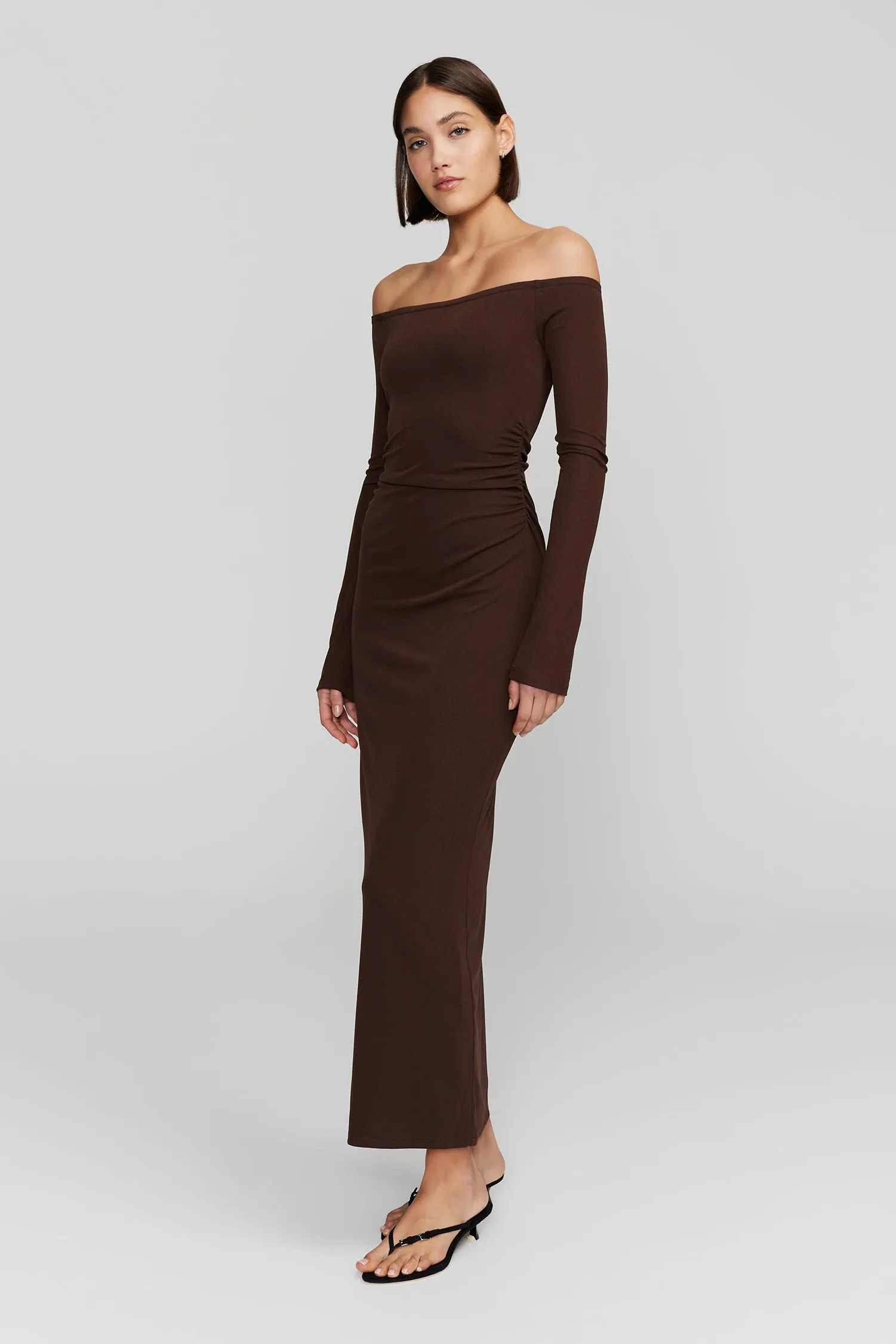 Frankie Carob LS Off Shoulder Midi Dress