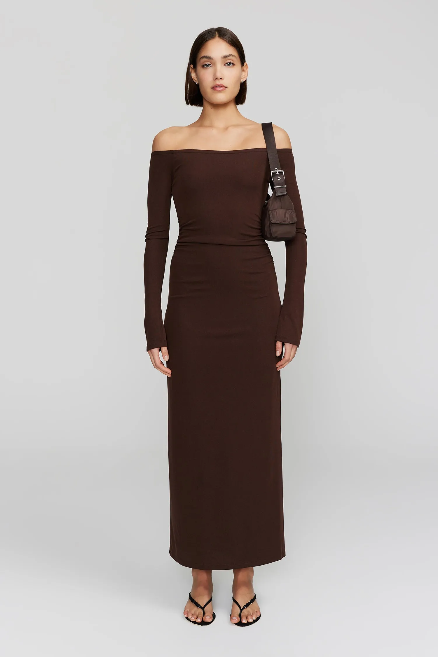 Frankie Carob LS Off Shoulder Midi Dress