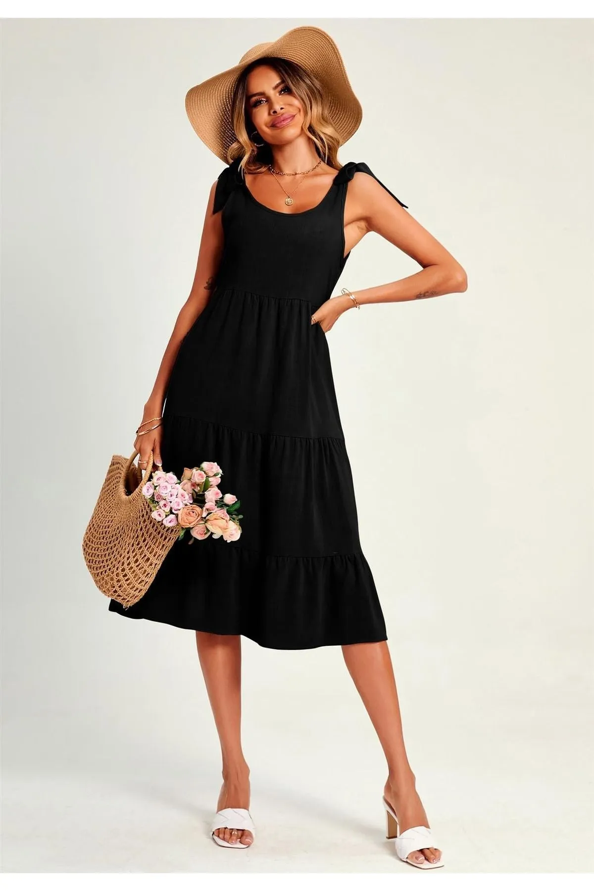 FS Collection Relaxed Linen Self Tie Shoulder Tiered Midi Dress In Black