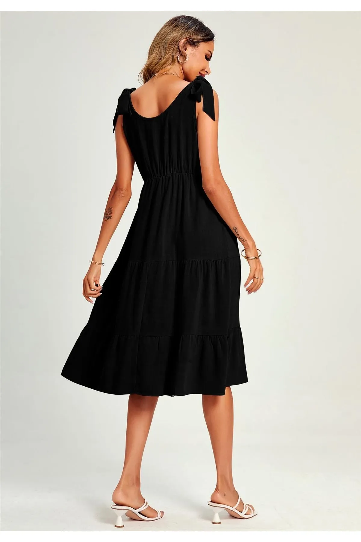 FS Collection Relaxed Linen Self Tie Shoulder Tiered Midi Dress In Black