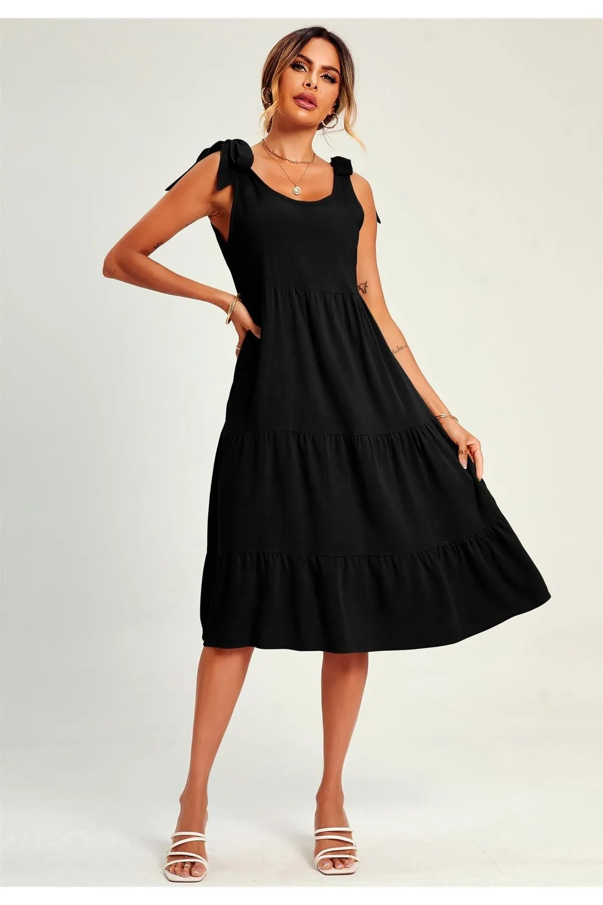 FS Collection Relaxed Linen Self Tie Shoulder Tiered Midi Dress In Black