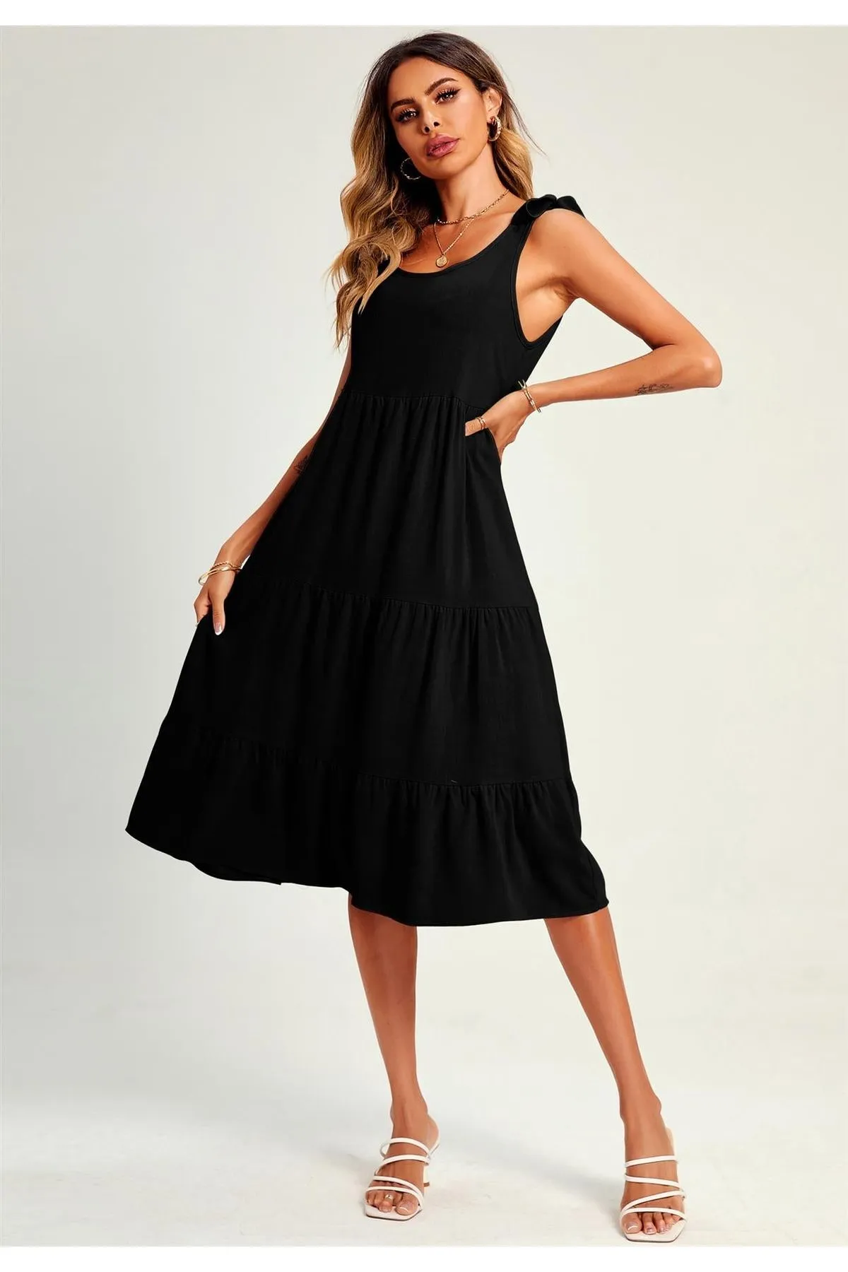 FS Collection Relaxed Linen Self Tie Shoulder Tiered Midi Dress In Black