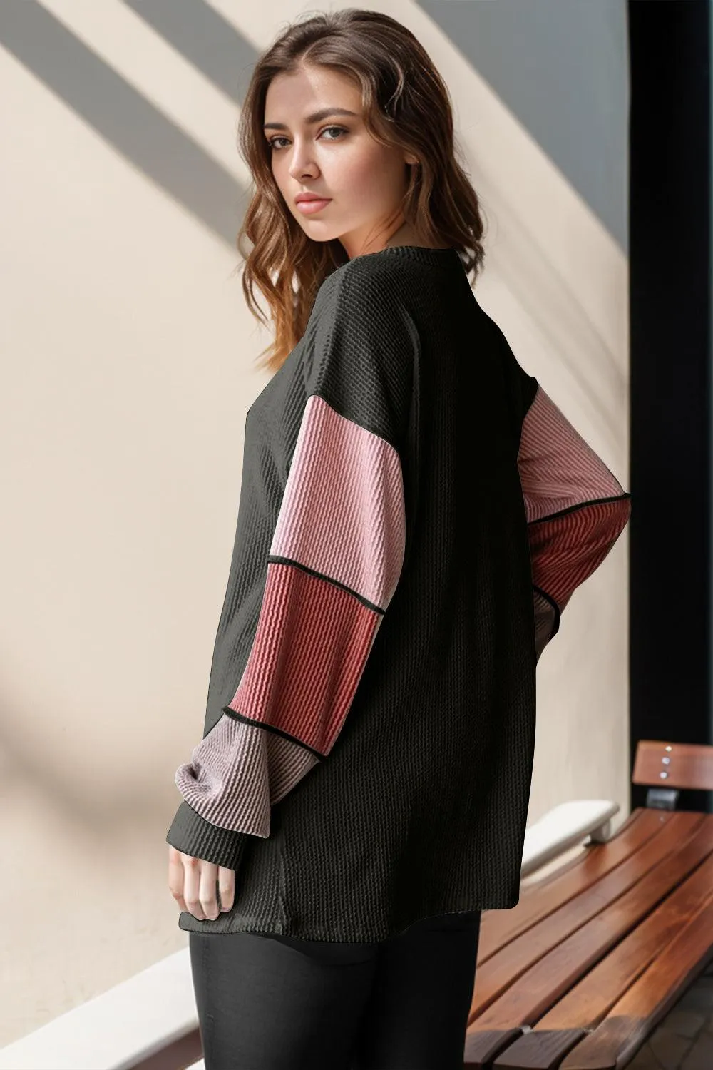 Full Size Color Block Round Neck Long Sleeve T-Shirt