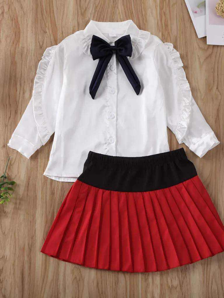 Girls Getting Ready For Picture Day Blouse and Pleated Skirt Set