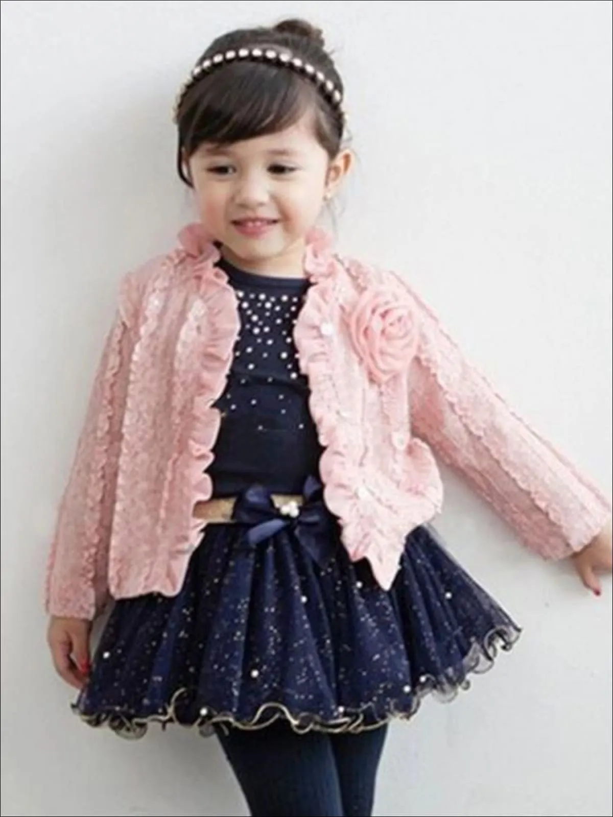 Girls Navy Long Sleeve Top With Sequin Tutu Bow Skirt And Pink Embellished Cardigan Set