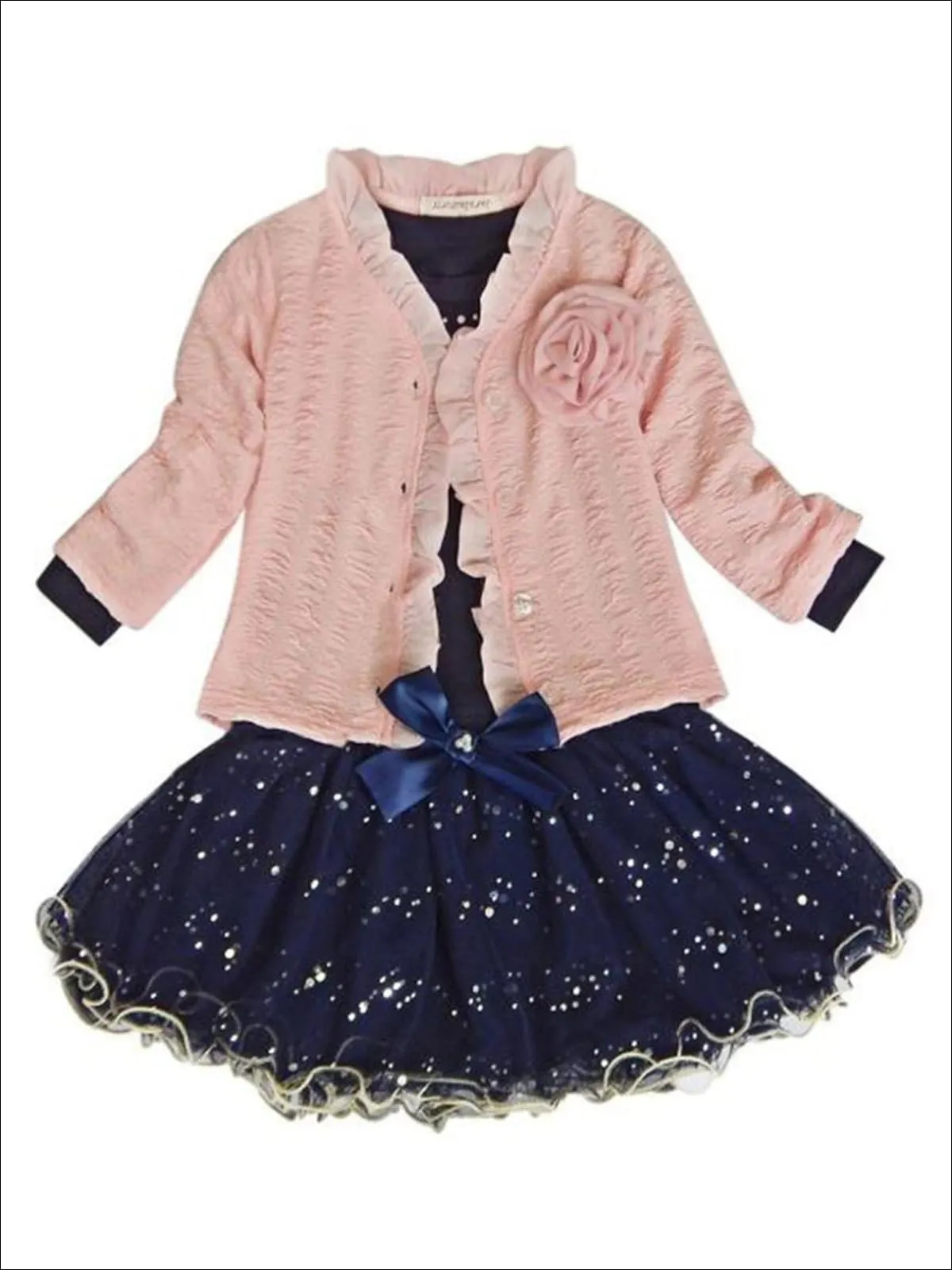 Girls Navy Long Sleeve Top With Sequin Tutu Bow Skirt And Pink Embellished Cardigan Set