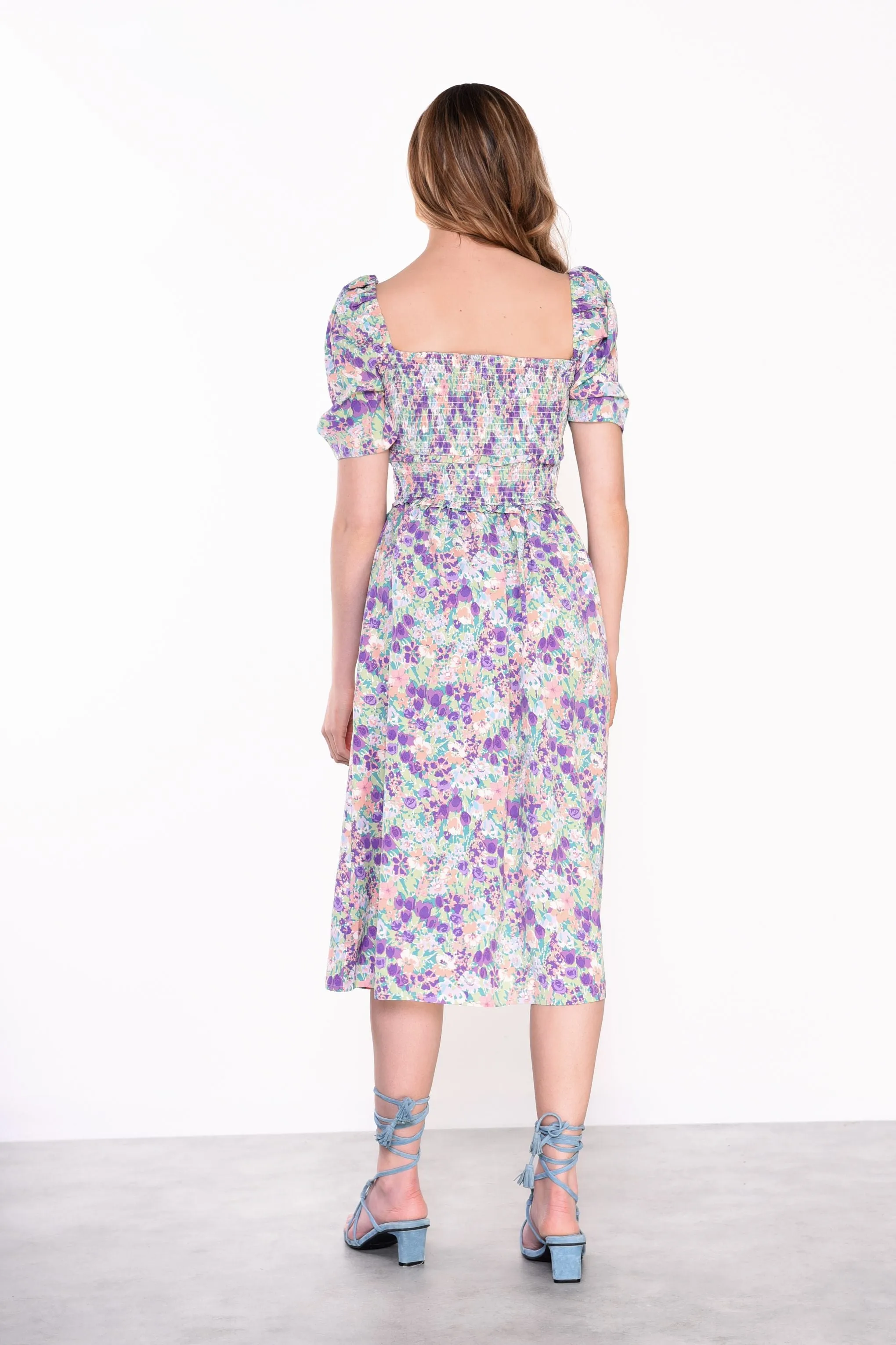 Glamorous Lilac Garden Floral Square Neck Short Sleeve Midi Dress